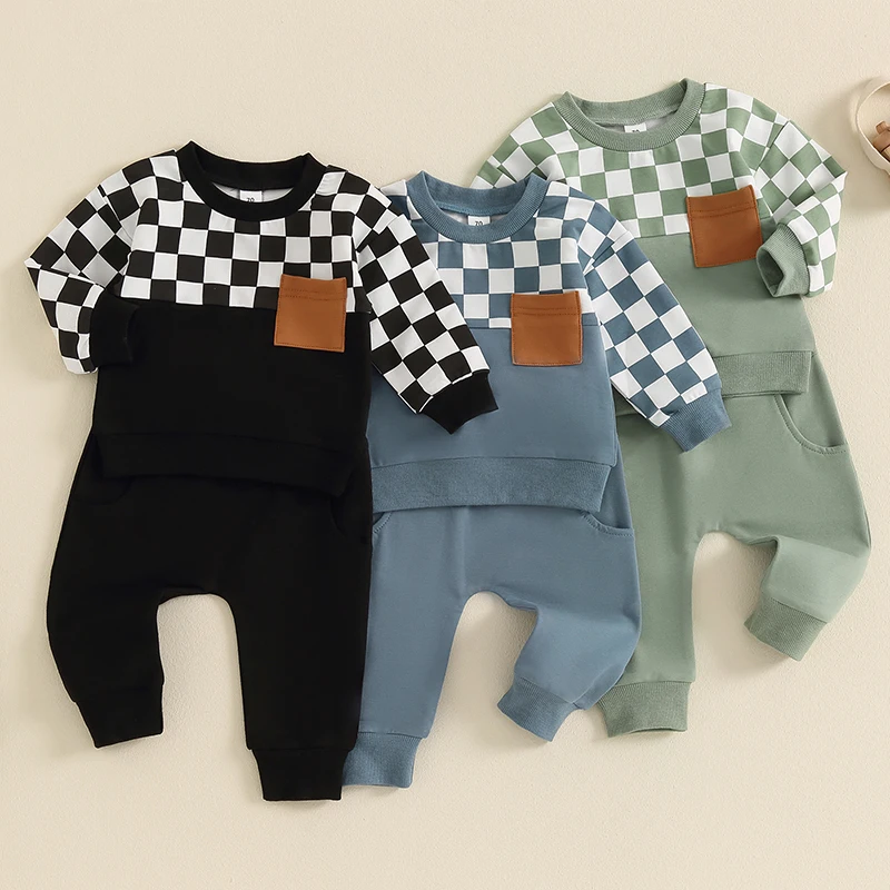 Toddler Boy Fall Clothes Checkerboard Print Long Sleeve Pocket Sweatshirt with Solid Color Pants 2Pcs Outfits