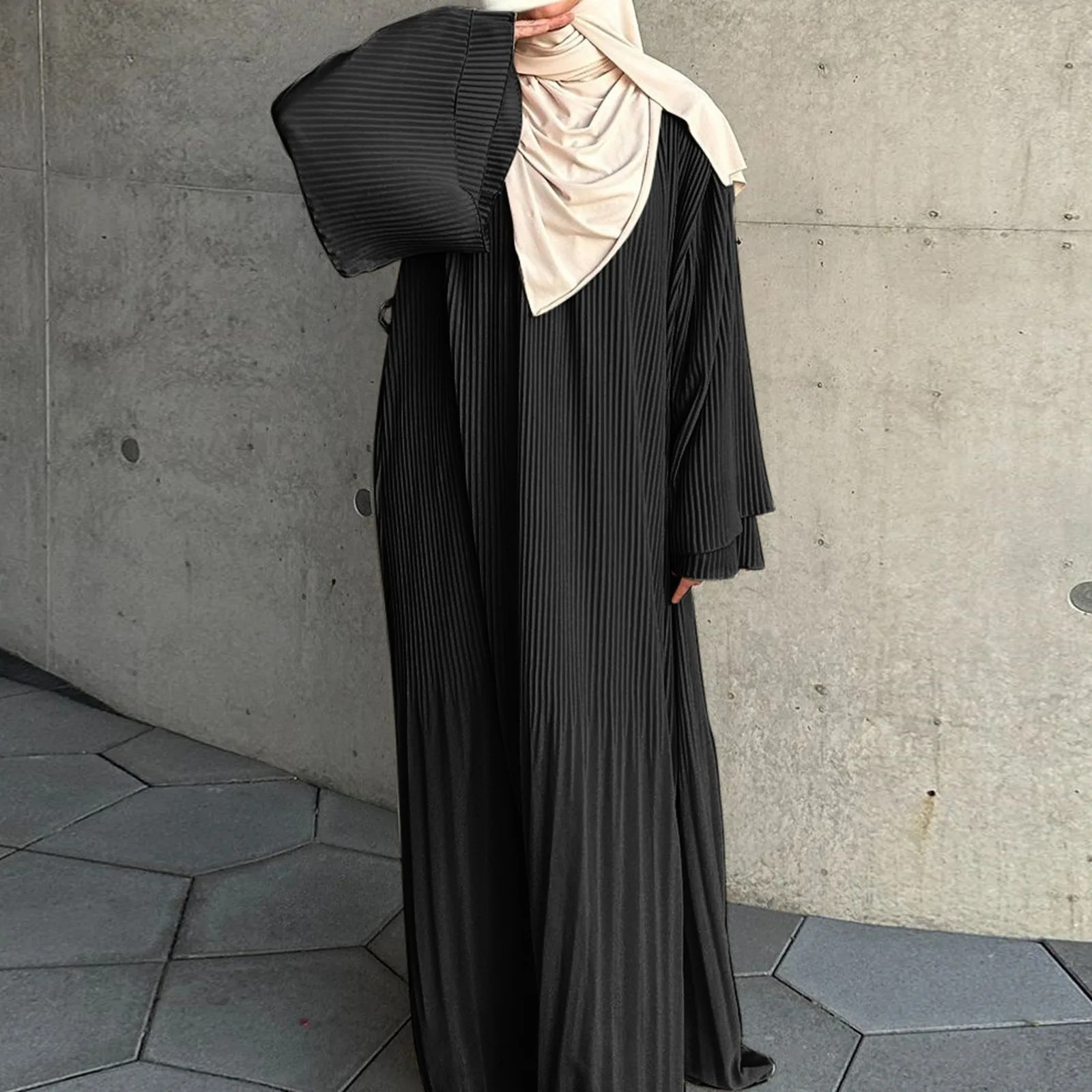 

Women Muslim Modest Closed Pleated Dresses Long Sleeve Abaya Kaftan Basic Islamic Eid Clothes Dress Musulmane Femme Vestidos New