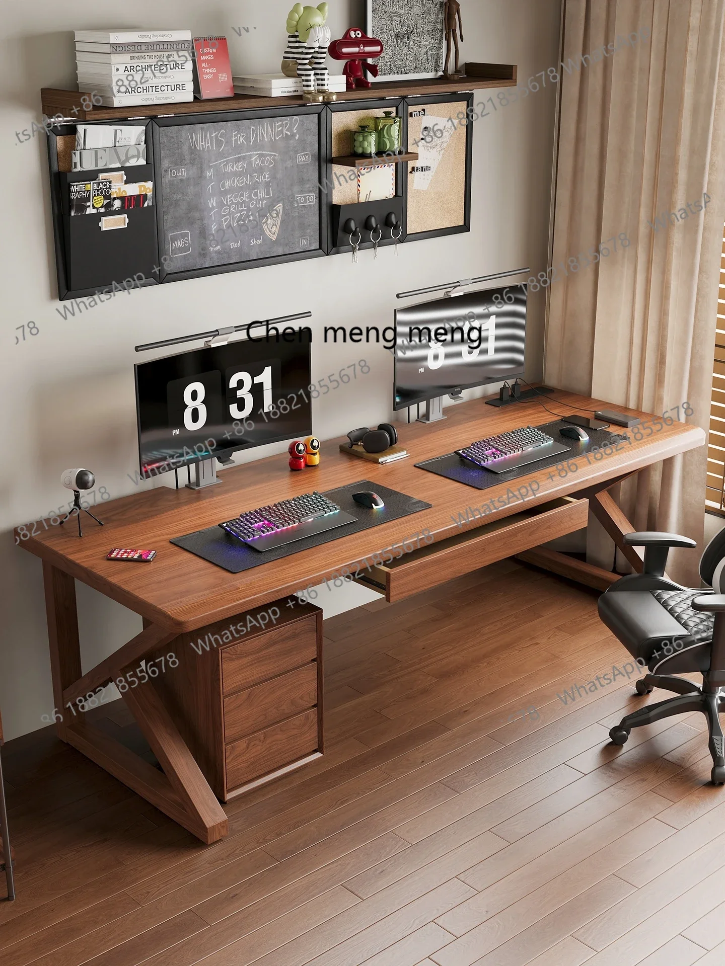 

Fan Chen Xinghe Solid Wood Double Computer Desk Home Desktop with Drawer Large Desk Gaming Desk for Adults