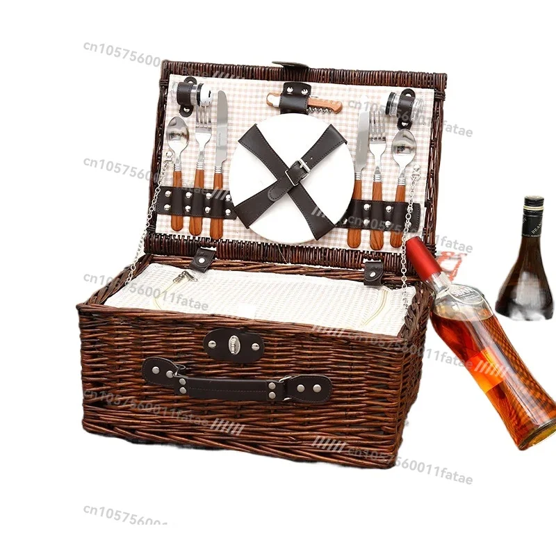 

Rattan Wicker Outdoor Picnic Household Storage Fruit Steak Vegetable Basket With Cutlery