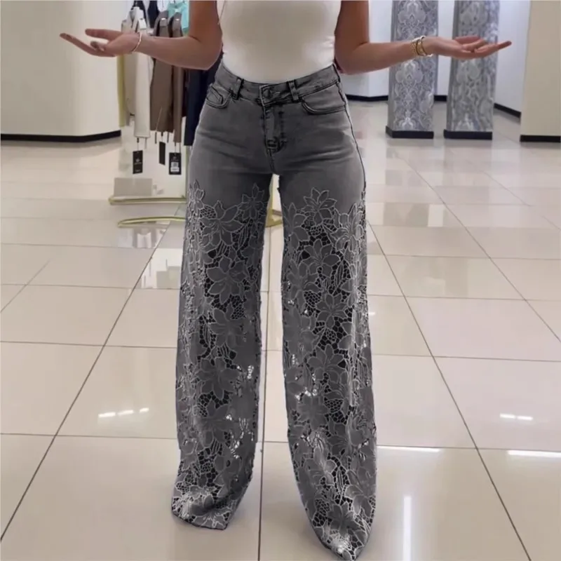 Lace Splicing Jeans 2026 New High-waisted Wide-leg Pants For Women Spring And Summer Fashion Temperament Versatile Draped Pants