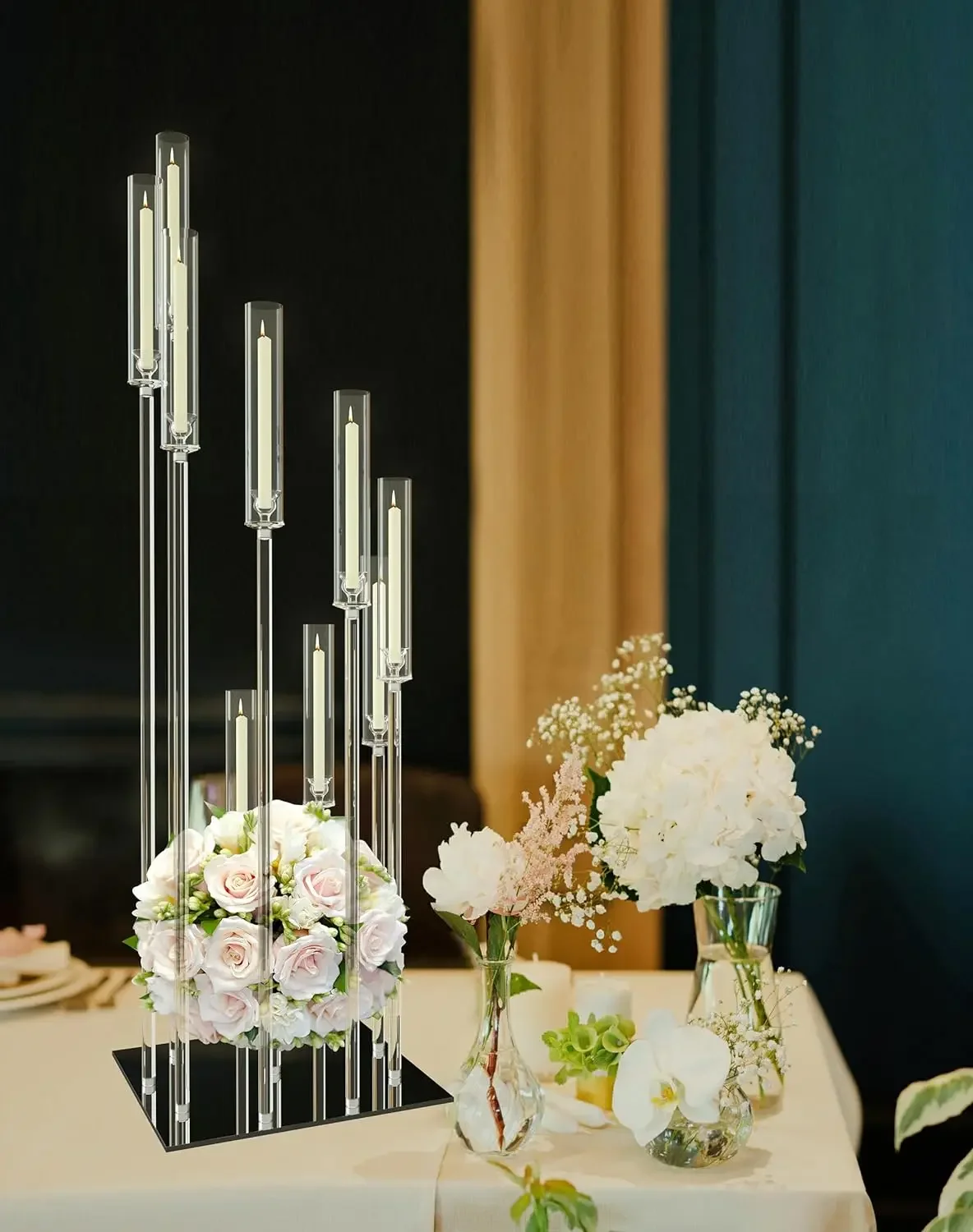 Clear Acrylic Candle Holder 46.5 Inches Tall for Couple Date and Engagement, 9 Arm Floor Standing Candle Holder