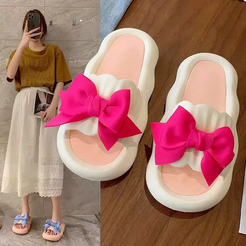 Thick Bow Tie Slippers Women Indoor Home Sandals Couples Bathroom Slides Non-slip Soft House Slippers 2023