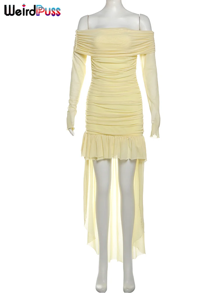 Strano gatto elegante abito sexy abito da donna slash neck orlo irregolare nappa laterale festa di compleanno manica intera increspato mini aderente