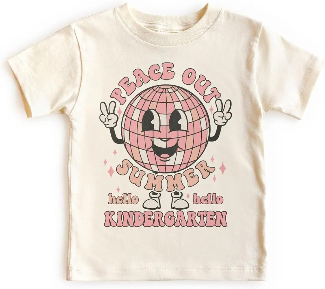 Peace Out Summer Hello Kindergarten Shirts For Girls - Retro Back To School Disco Ball Outfit -  Summer Short Sleeve