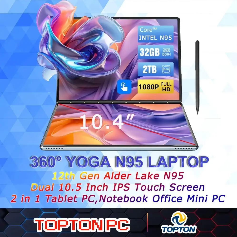 Monitor alla moda a doppio schermo Dual Touch 10,4" 1080 FHD IPS Windows/Linux Intel Alder Lake N95 360 ° Mini PC portatile con schermo di rotazione