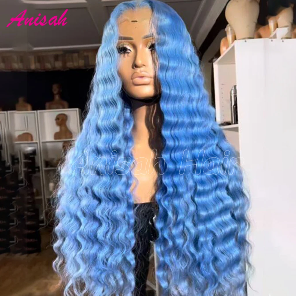 Perruque Lace Front Wig sans colle naturelle, cheveux humains, couleur bleu ciel, HD, transparente, 13 age