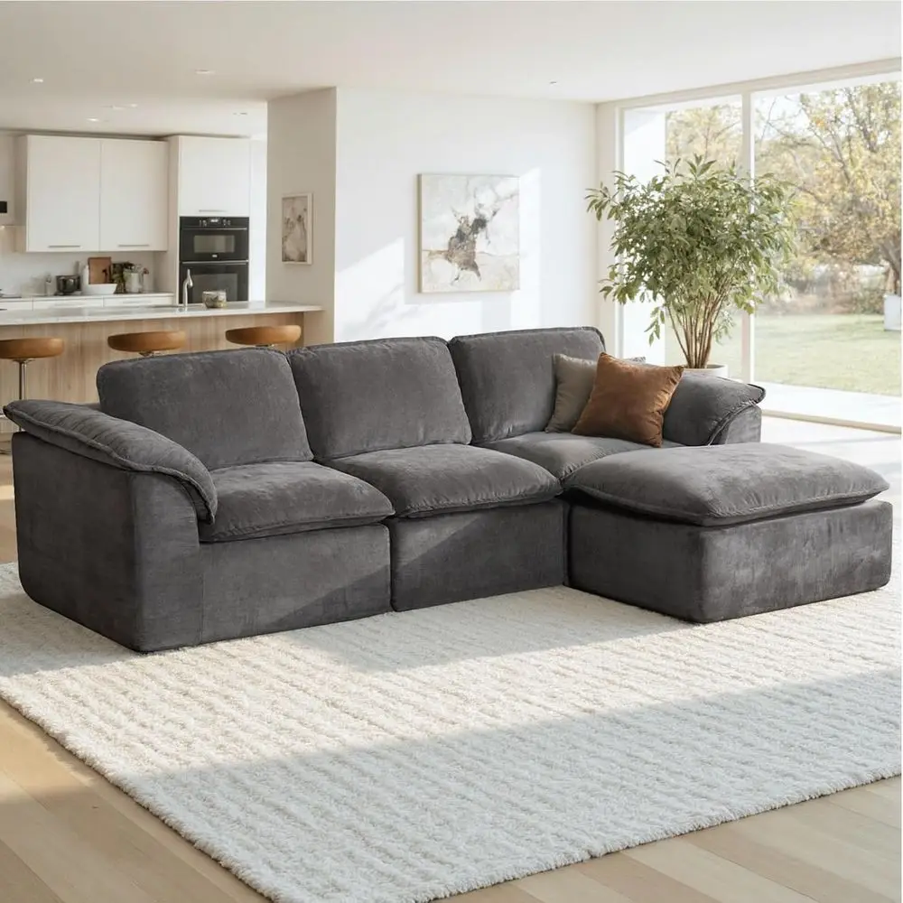 

112 Grey Sectional Sofa with Padded Armrests and Removable Ottoman, No Assembly Needed