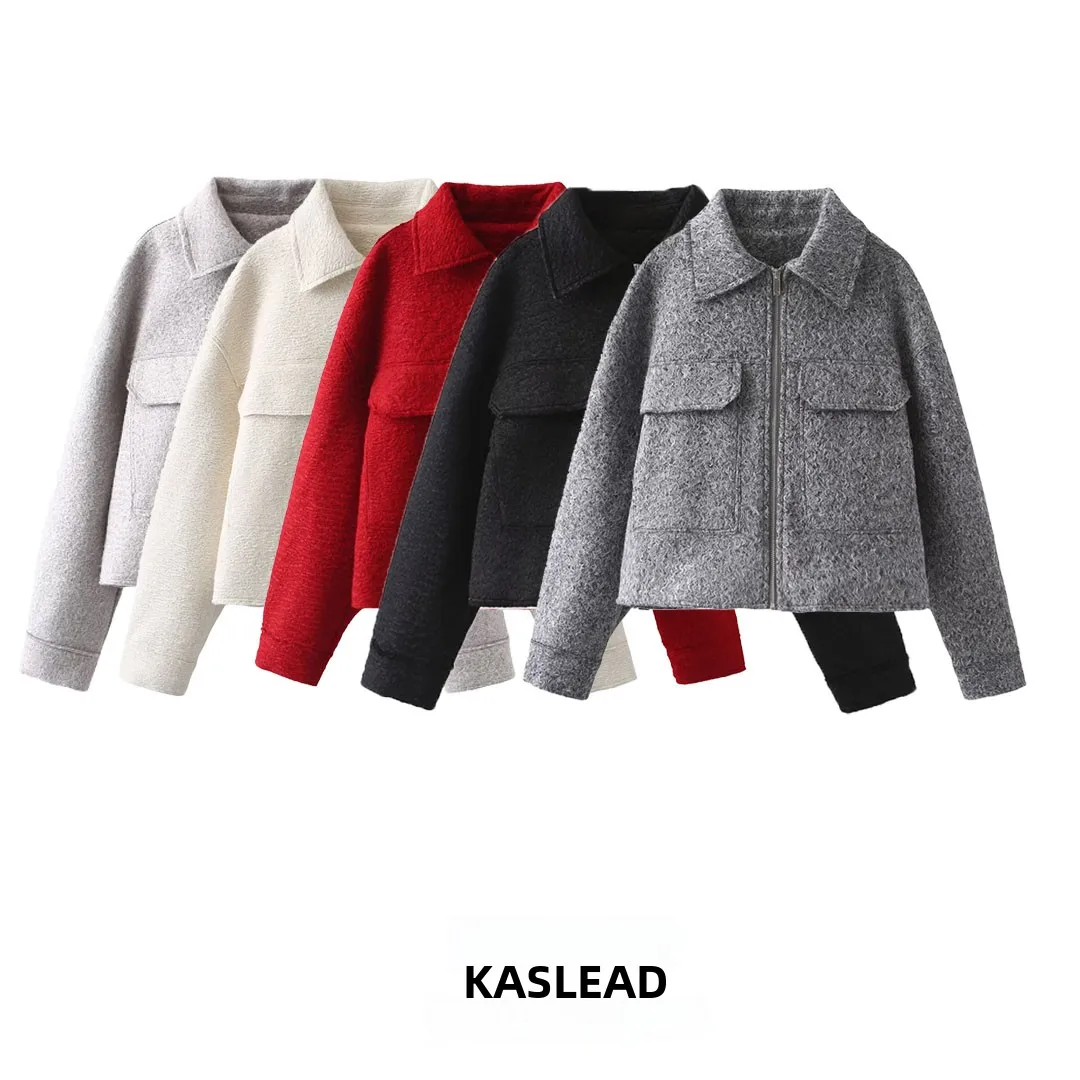 KASLEAD Women's Fashion Design Turn-down Collar Short Jacket Coat 3046288 Polyester Fiber Long Sleeve Zipper Closure