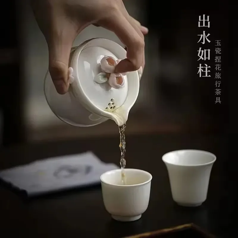 Woman Travel Teaware Set 1 Pot 2 Teacup White Porcelain Portable Hand-molded Flowers Teaware Ceramic Tea pot with Storage Bag