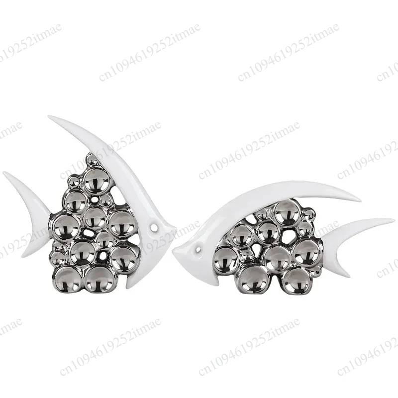 Silver Plated Double Couple Kiss Fish Ceramic Vase, Modern European Decorative Ornament for Home Office Living Room