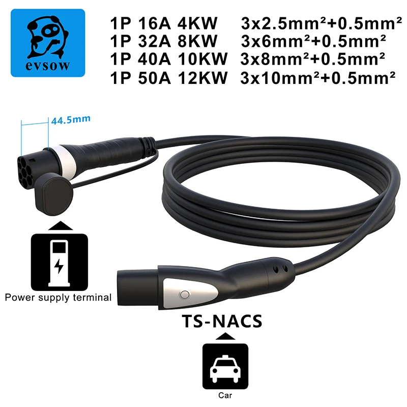 evsow TS-NACS EV Charging Cable Type2 To  TS-NACS Charger 12KW50A 1P Electric Car Charger For TS-NACS Model Y3 S X Charger 5m