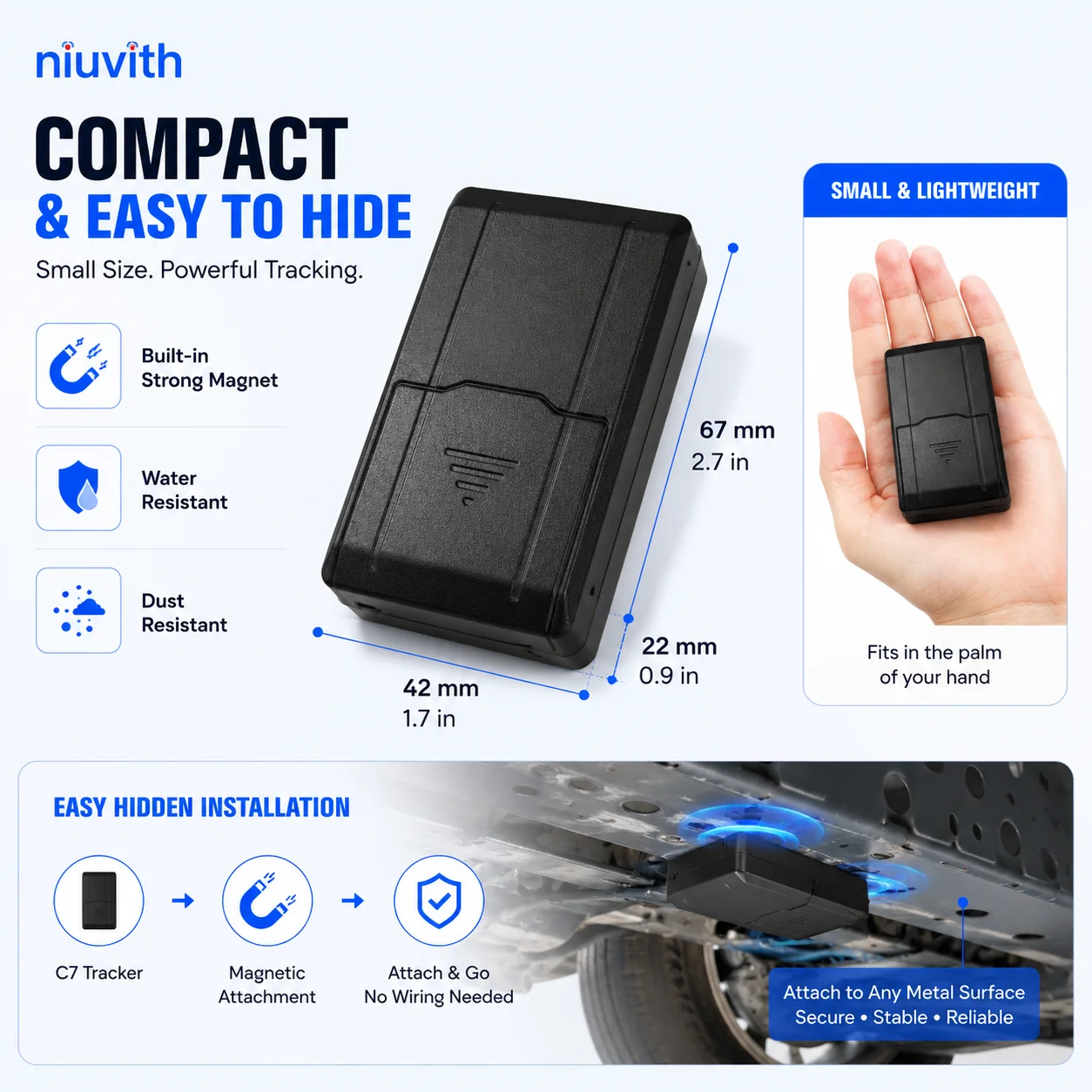 C7 Mini GPS Tracker for Cars & Vehicles - 5-Year Battery Life Wireless Hidden Tracker for Trucks & Trailers No Subscription Requ