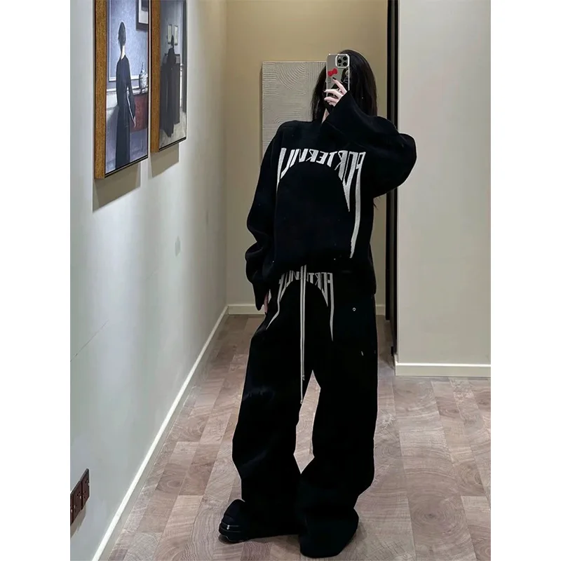 Ro Dark Embroidery Wide Legs Pants Men's Slogan Workwear Silhouette Low Crotch Loose Casual Floor Mopping Flared Long Pants