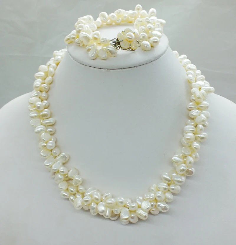 Classic white 3 strand Baroque freshwater pearl necklace and Bracelet Set 19 inches  (100% natural pearls) 18