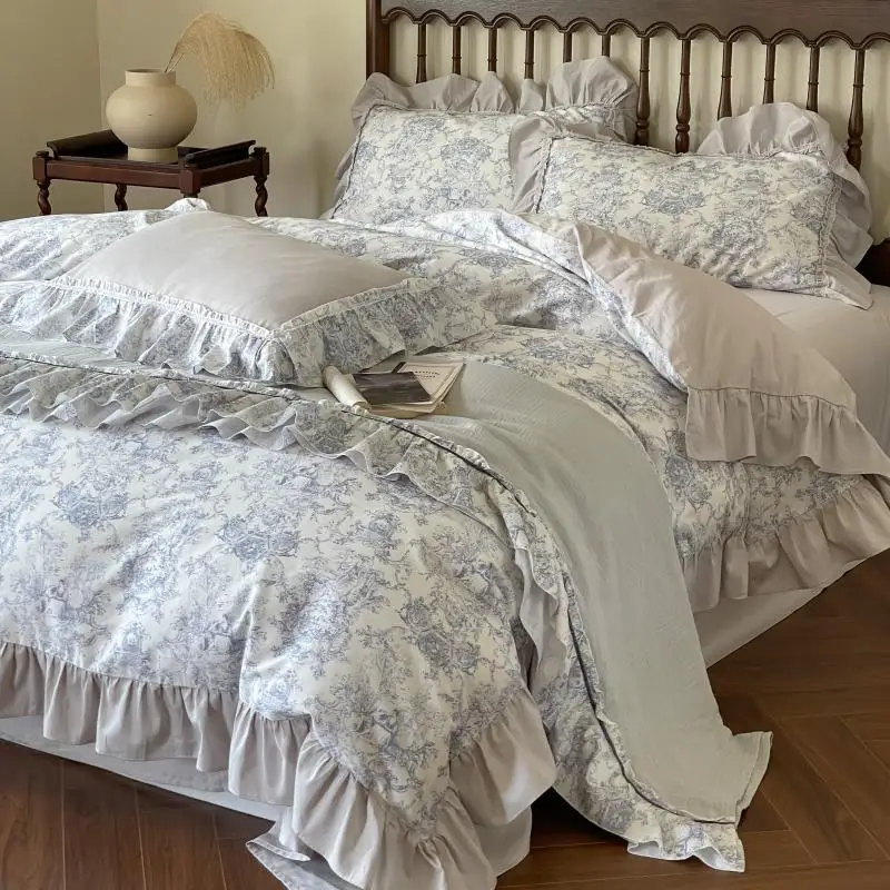 Ink Blue and White | French Vintage Pure Cotton Brushed Winter Four Piece Set Feel All Cotton Quilt Cover Ruffle Edge Bedding