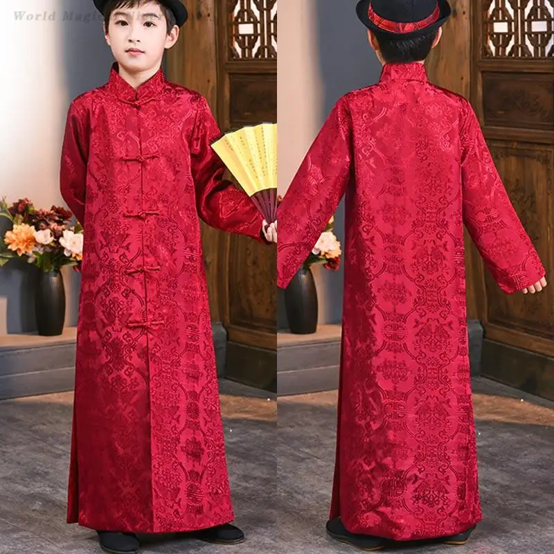 

Детский винтажный халат Китайской Республики, детские традиционные китайские платья с воротником-стойкой, костюм для выступлений для мальчиков и девочек