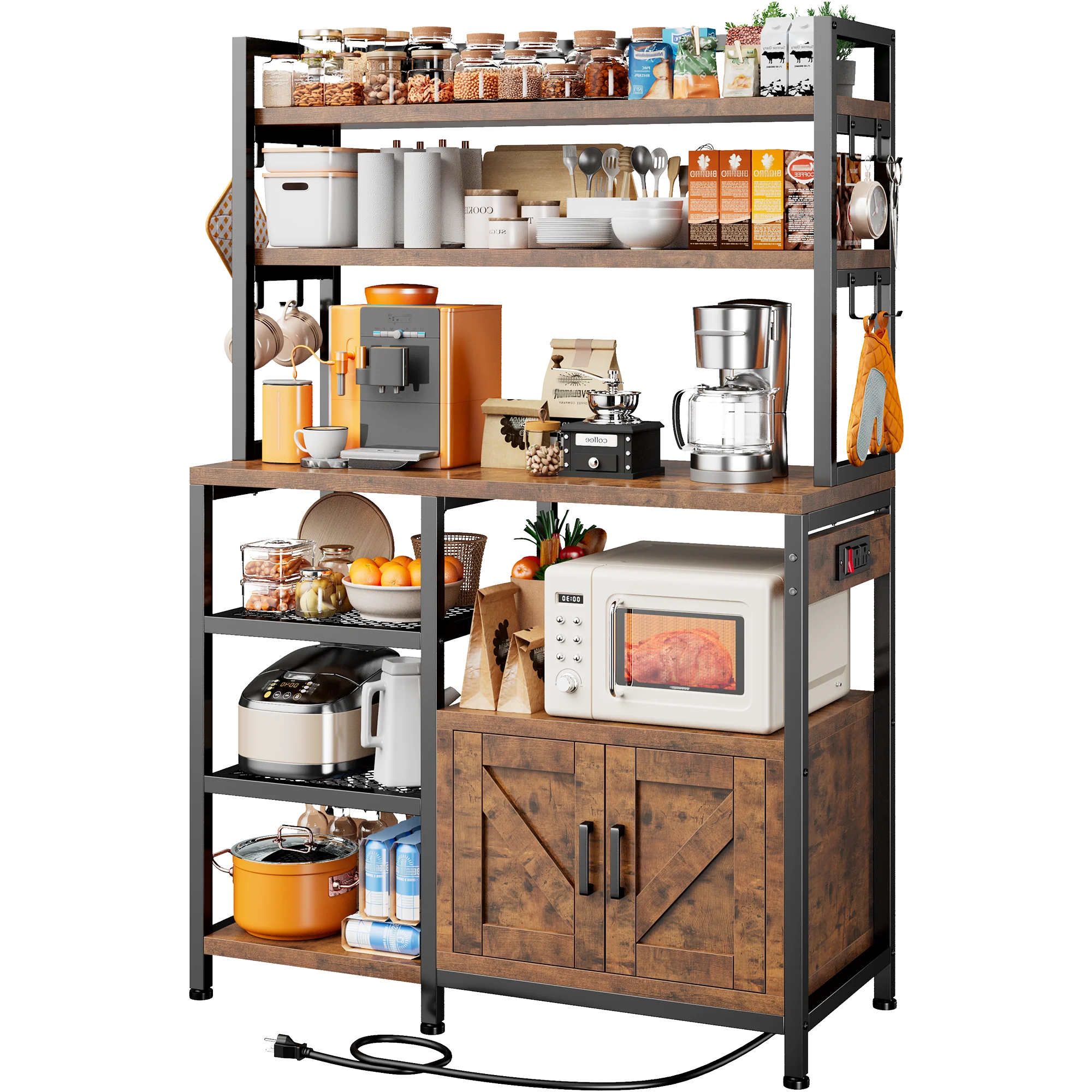6-layer kitchen storage rack, with microwave oven bracket and storage cabinet, large-capacity country-style coffee bar counter with side hooks, kitchen storage