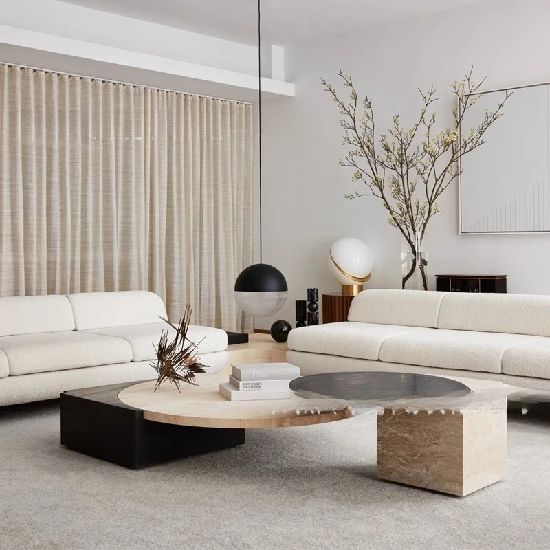 Nordic wabi-sabi style simple natural yellow travertine marble combination coffee table model room living room art coffee table