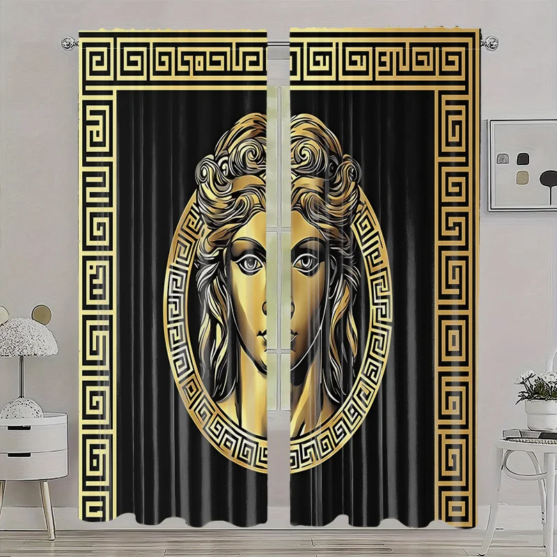 Elegant Greek Goddess Art Curtain Black Gold Temple Style Window Drapes for Living Room Home Decor