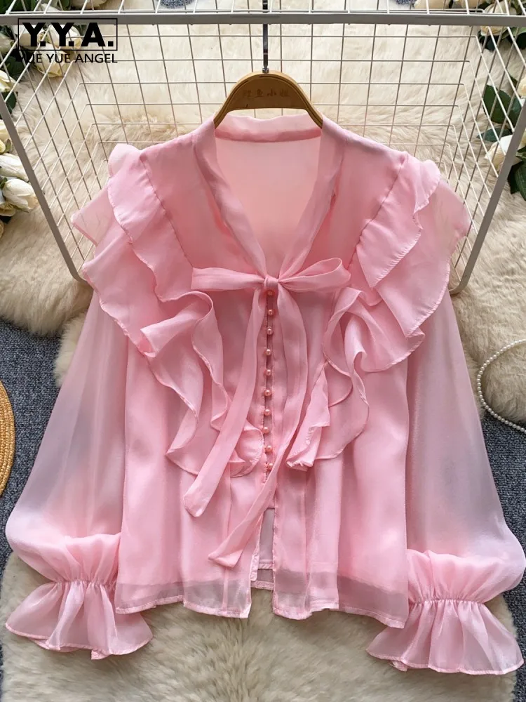 

Spring Women Pink Shirt Long Sleeve Solid Color V Neck Single Breasted Bowknot Office Ladies Elegant Casual Ruffle Blouses Tops