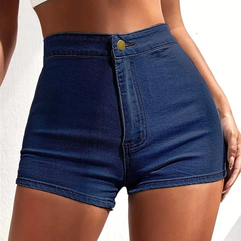 

High Waist Elastic Pure Color Denim orts Women's Summer Faion PD0002# Cross-Border Eabywi Breathable Comfortable