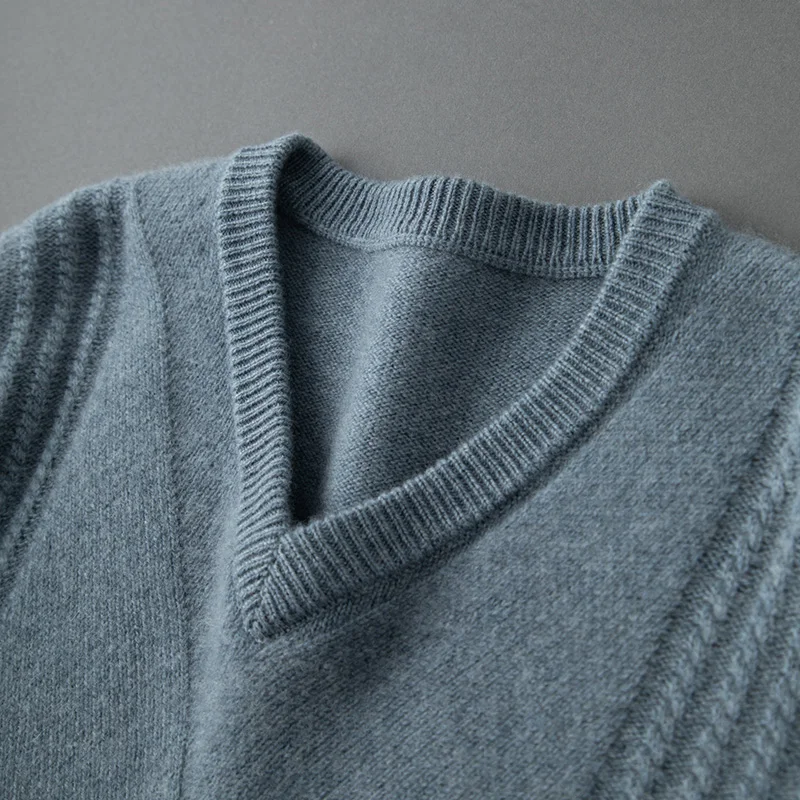 Suéter pulôver com decote em V engrossado para homens, suéter pulôver de malha 100% caxemira, suéter base quente de manga comprida outono inverno