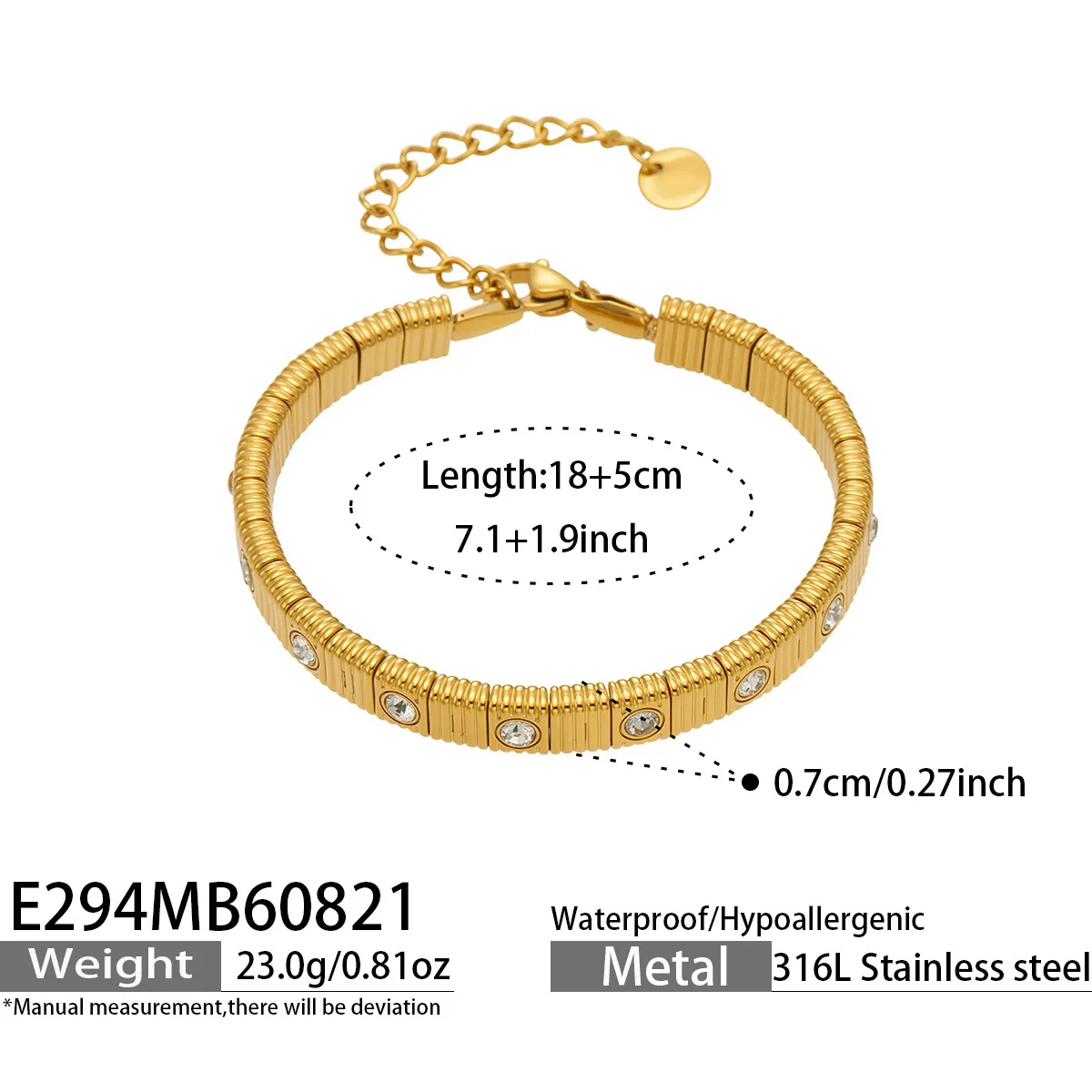 Edelstahl-Armband mit Streifenmuster, Quadratischen Perlen und Gliedern, 18K Vergoldet, mit Farbigen Kubischen Zirkonia für Damen – Detail 6
