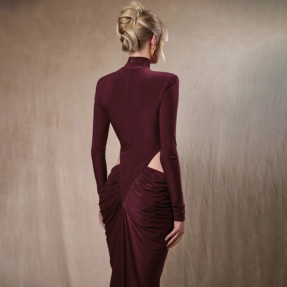 Elegante vestido largo fruncido de manga larga con cuello alto color burdeos, vestidos de sirena recortados sexys para fiesta de noche, evento formal de invitados de boda
