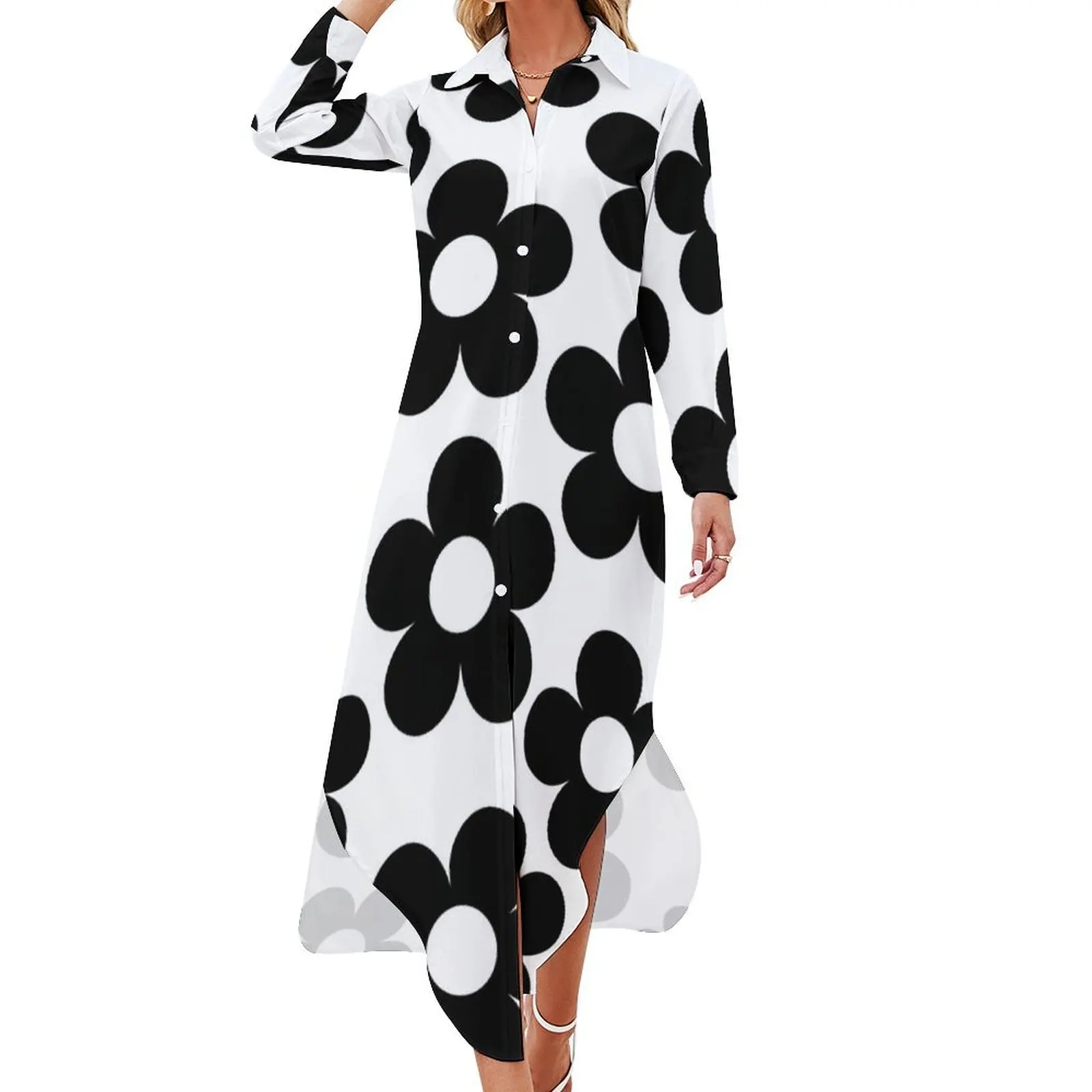 

Black and White Flower Blossoms Long Sleeved Shirt Dress elegant and pretty women's dresses summer dress Dresses women dress