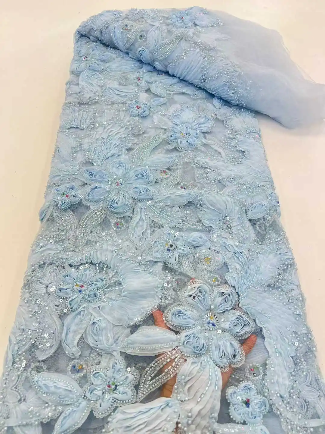 

African Beads Lace Fabrics Latest Sequin Lace Fabric 5 Yards High Quality 2026 Bule Lace Fabric Nigerian Wedding Dress For Woman