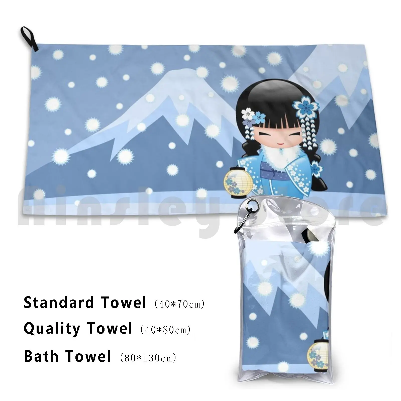 Winter Kokeshi Doll V2 Custom Towel Bath Towel Winter Kokeshi Doll Geisha Kimono Cute Girly Chibi Kawaii