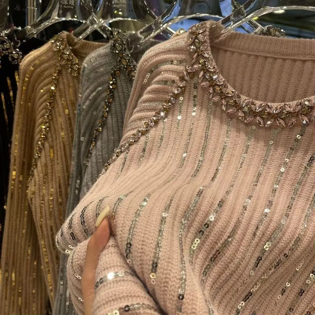 2026 New Heavy Industry Sparkling Crew Neck Lazy Wind Knitted Sweater Versatile Autumn and Winter Top Women