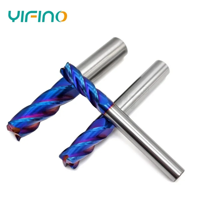 YIFINO HRC70 4-Flute Milling Cutter Tungsten Steel Carbide Blue Nano Coating Flat End Mill For CNC Machining Endmills Tools