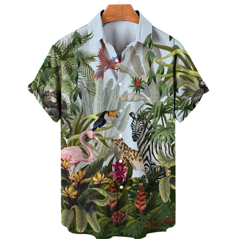 Tropical Jungle Flamingo 3d Print Hawaiian Shirt For Men Summer Street Short Sleeves Tops Harajuku Lapel Button Loose Blouse