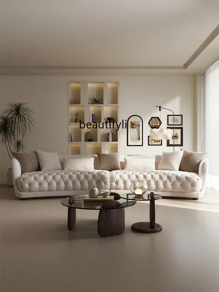 

French Curved Fabric Sofa Living Room Retro Cream Simple Pull Buckle Creative Sofa