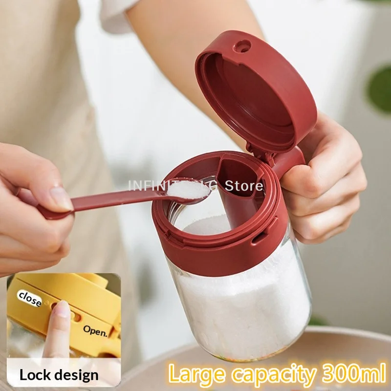 

Household Kitchen Moisture-Proof Seasoning Jar Salt Container 2 In 1 Glass Spice Bottle Spoon Separation Glass Seasoning Can