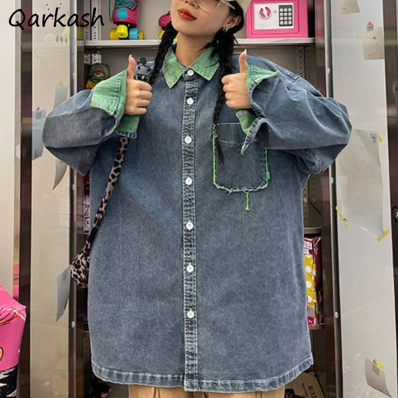 

Denim Jackets Women Panelled Vintage Streetwear Autumn Cool Unisex Baggy Casual Clothing Harajuku Popular Korean Style Daily New