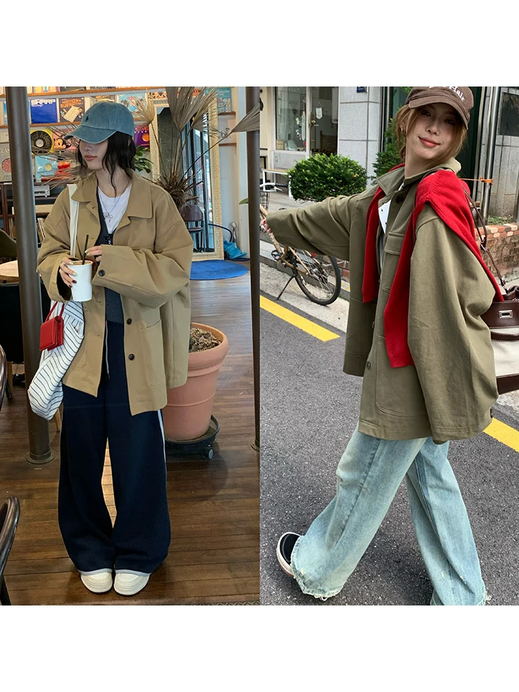 

Classic Pure Color Loose Women's Windbreaker Coat Cotton Du Cloth Waed Sle Spring Autumn New Design Casual Jaet