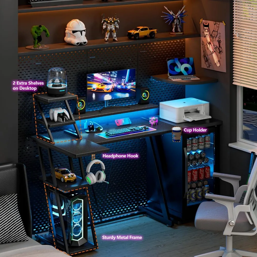 Reversible Corner Gaming Desk with LED Lights & Power Outlet, 39 Inch Computer Desk with Storage Shelves