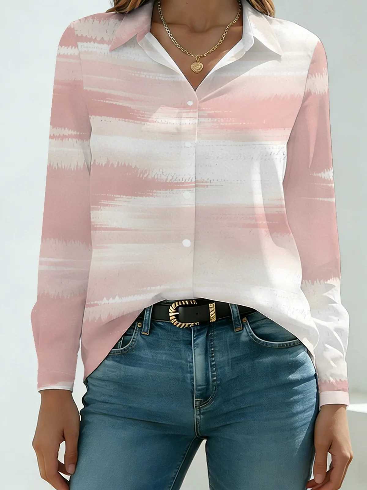 Soft Pink Cream Striped Blouse Women Long Sleeve Brush Stroke Gradient Print Casual Shirt Street Daily Wear