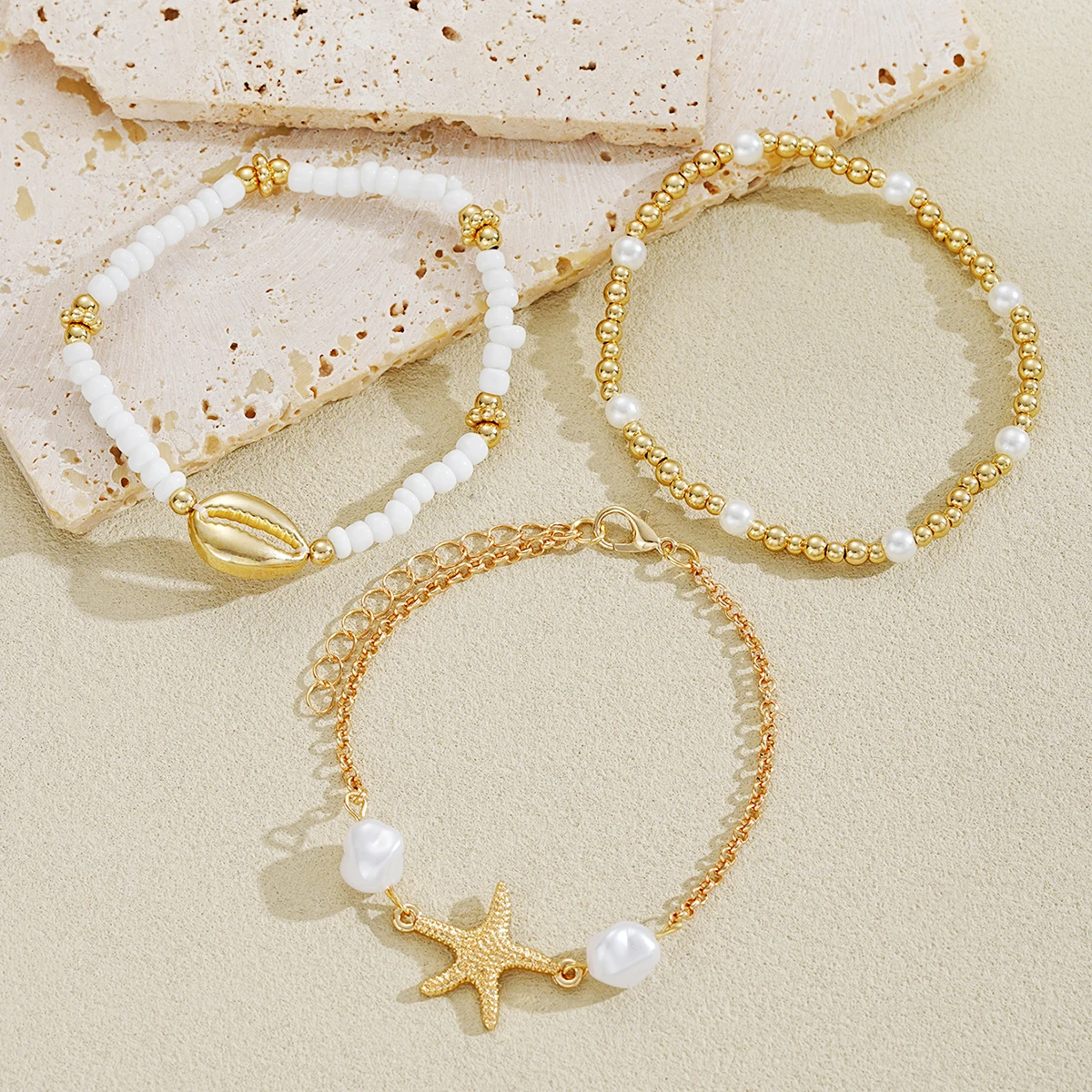3Pcs/Set Seaside Bohemian Starfish Shells Anklet Set for Women Gold White Color Rice Beads Foot Chain Summer Beach Jewelry Gifts image 5