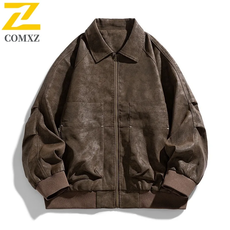 

COMXZ Men Leather Windbreaker Jacket Light Luxury Retro American Autumn Hiking Stylish Fishing Varsity Jacket Daily Outdoor Coat