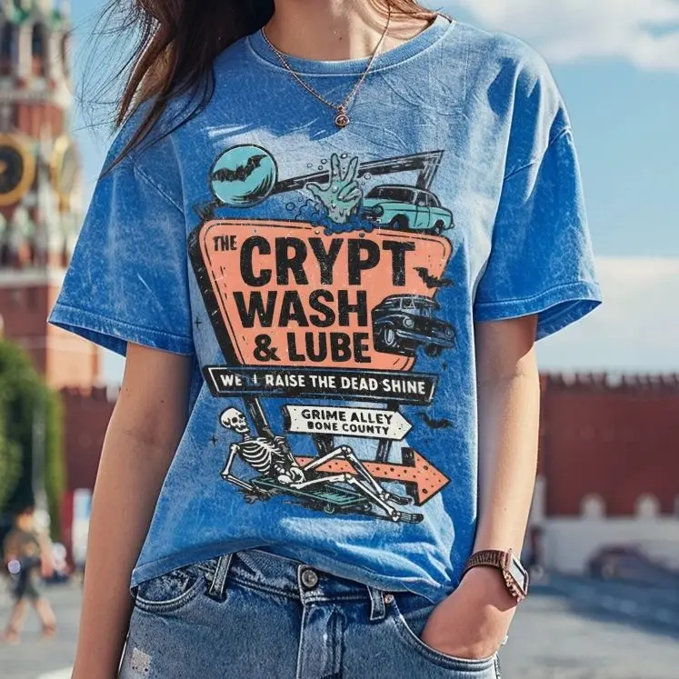 

Повседневная футболка в стиле ретро, винтажная женская одежда Y2K, хлопковые разноцветные футболки с круглым вырезом и графикой, уличная одежда The Crypt Wash&Lube Skeleto