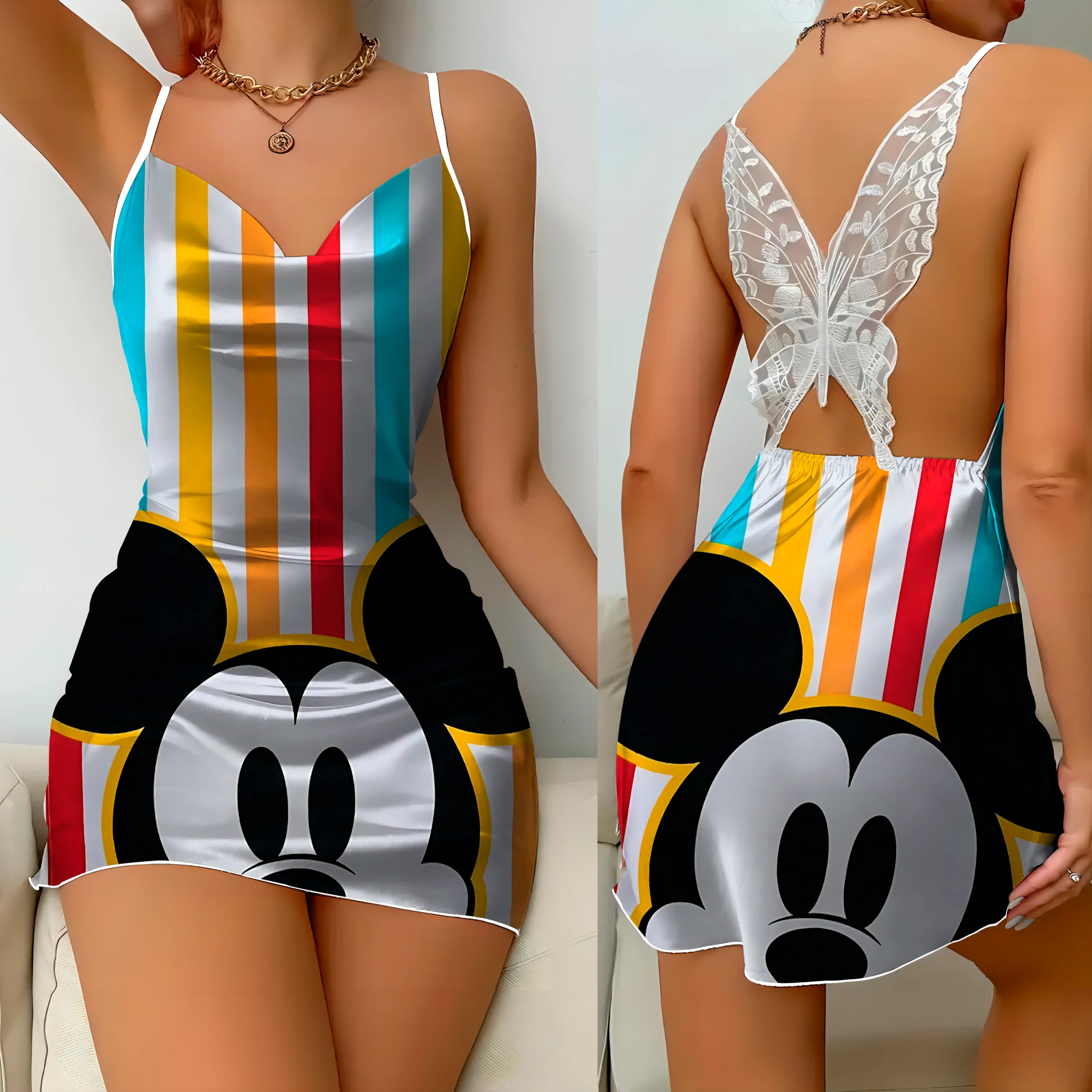 Gonna del pigiama abito senza schienale fiocco nodo abiti Sexy Disney Mickey superficie in raso Minnie Mouse moda donna estate 2024 Party Mini