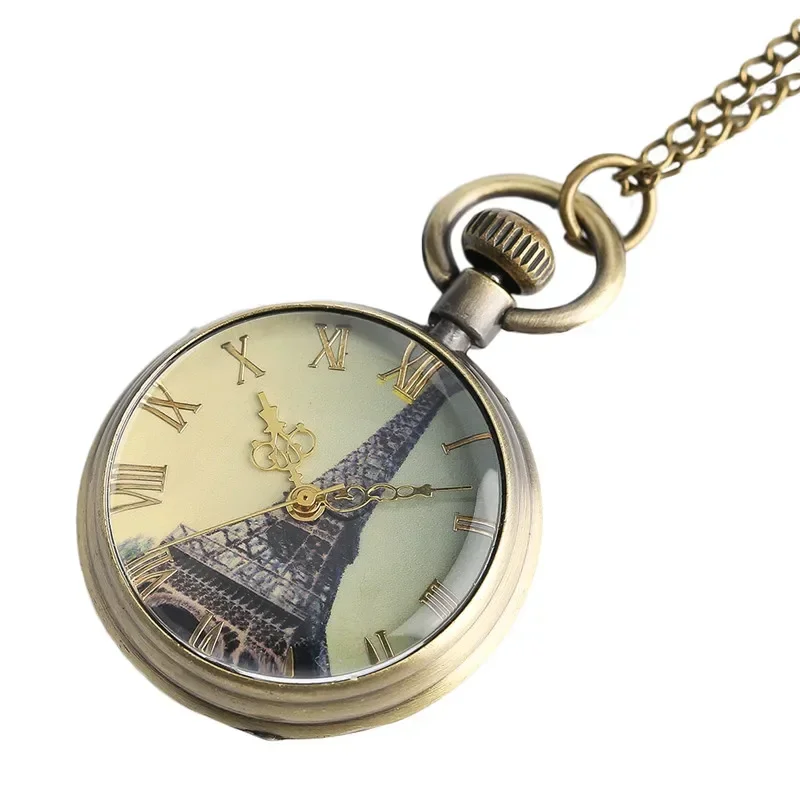Retro Eiffel Tower Dial Men Women Quartz Pocket Watch Roman Numeral Watches Necklace Pendant Chain Clock Reloj de bolsillo