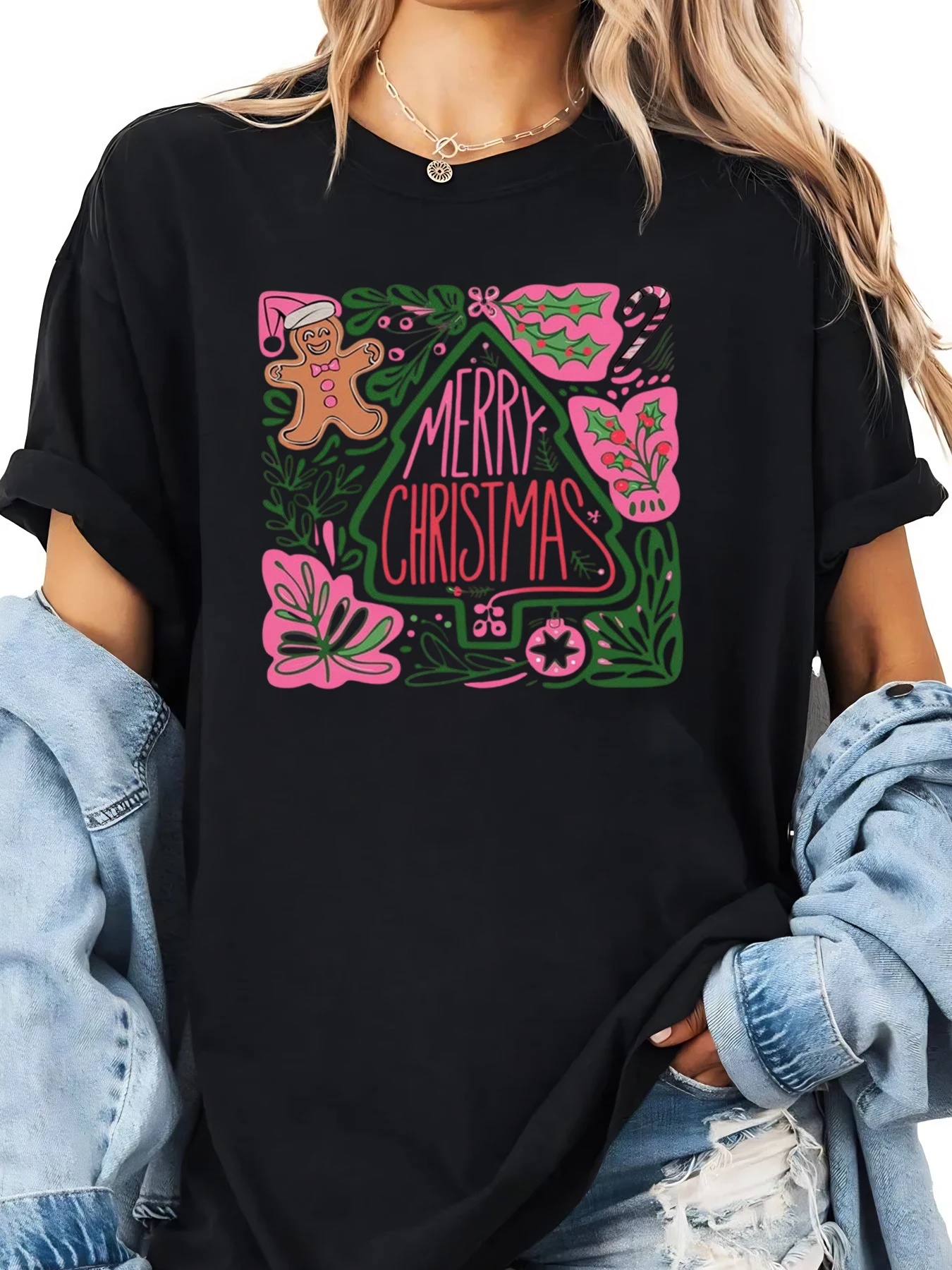 Joyeux noël pain d'épice arbre imprimé vacances T-Shirt femmes décontracté vêtements de fête noir grande taille