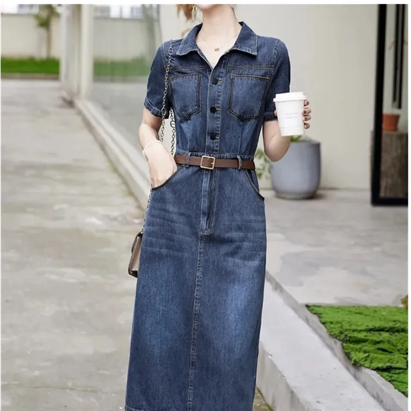 Short sleeved Denim Shirt Dress 2024 Women's New Summer Temperament Slim Dress With belt Casual Clothing