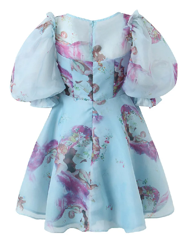 Princess Blue Beautiful Girl Flower Print Organza Ball Gown Dress Puff Sleeve Retro Women Swing Short Fairy Party Mini Robe