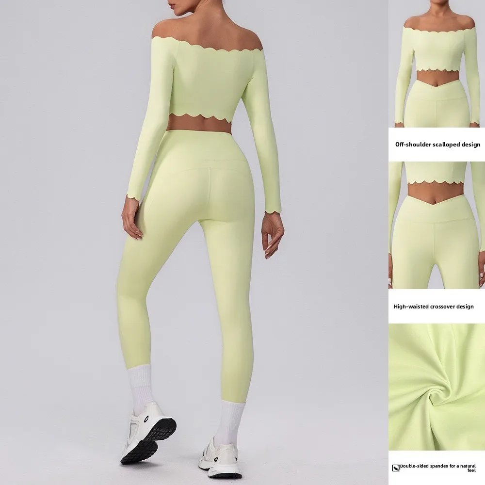 Fitness Clothing Set Wave  One Shoulder Long Sleeve Peach Long Pants Yoga Set Women Breathable Moisture Wicking Elastic